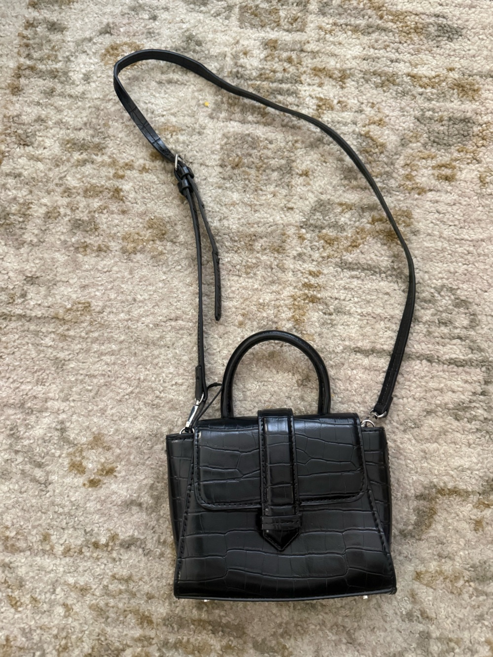 Zara Black Croc Embossed Mini Top Handle Crossbody Bag Removable Strap